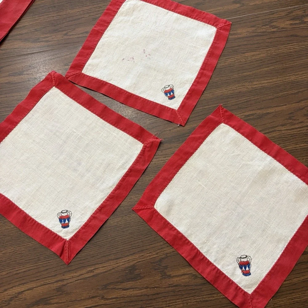 Vintage Mexicana Embroidered Linen Topper Napkin Set Guests Cactus Decor